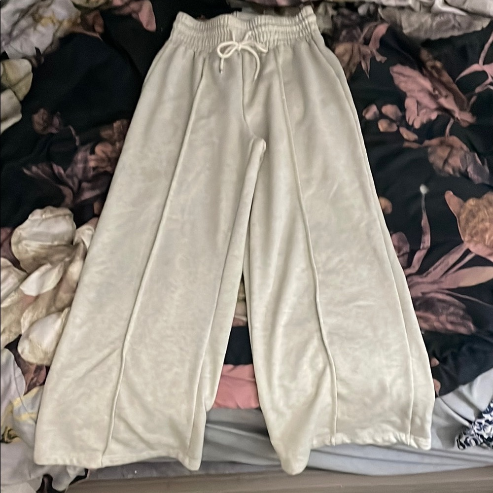 SHEIN Cream Wide Leg Pants with Drawstring Waist